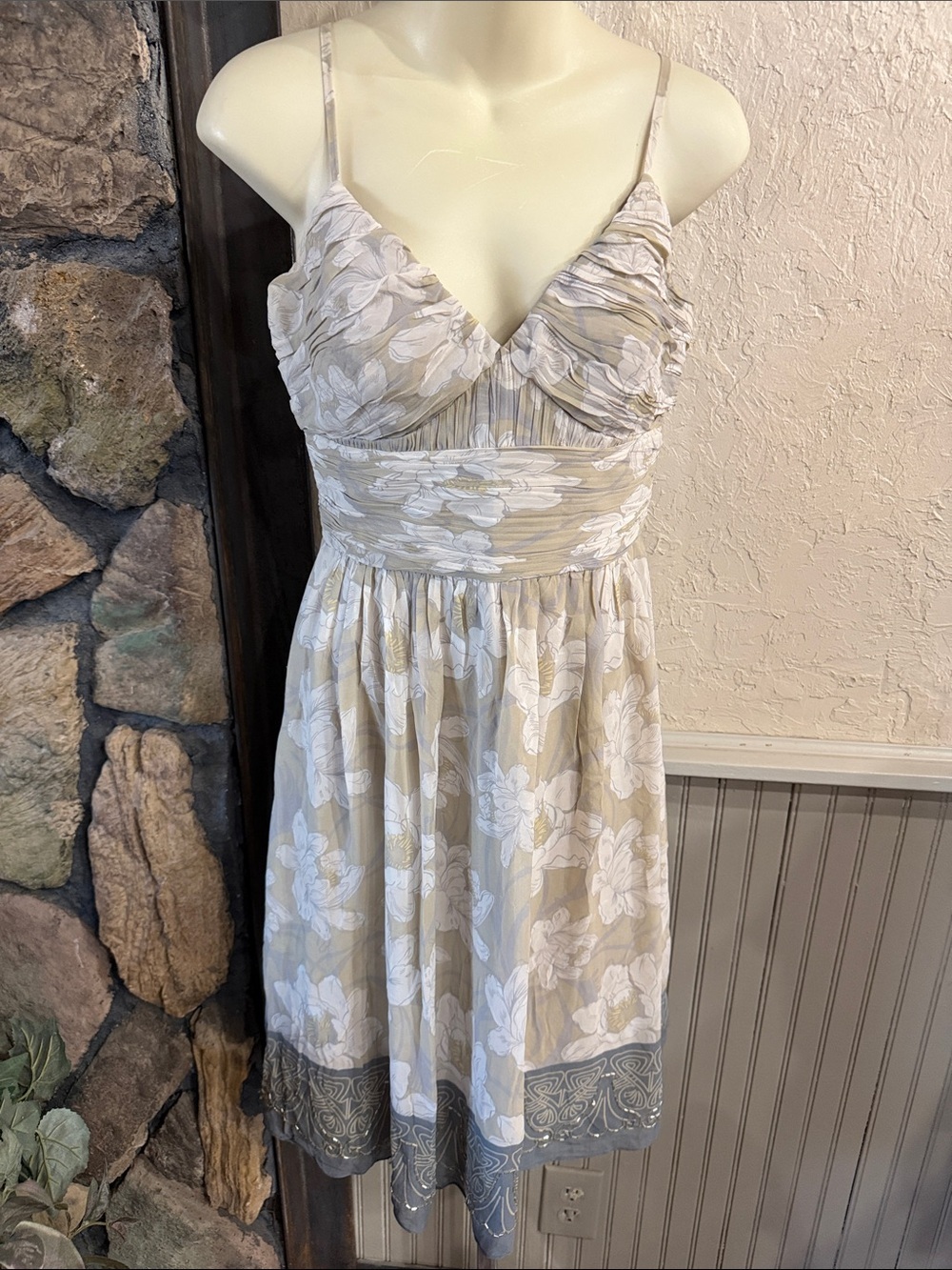 BCBG Beige Floral Spaghetti-Strap Sundress